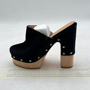 FSJ Black Round Toe Mules High Chunky Heeled Sandals Slip On Platform Shoes